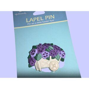 Hallmark Vintage Easter Pansy Cart Lapel Pin Purple Green Floral Design Plastic